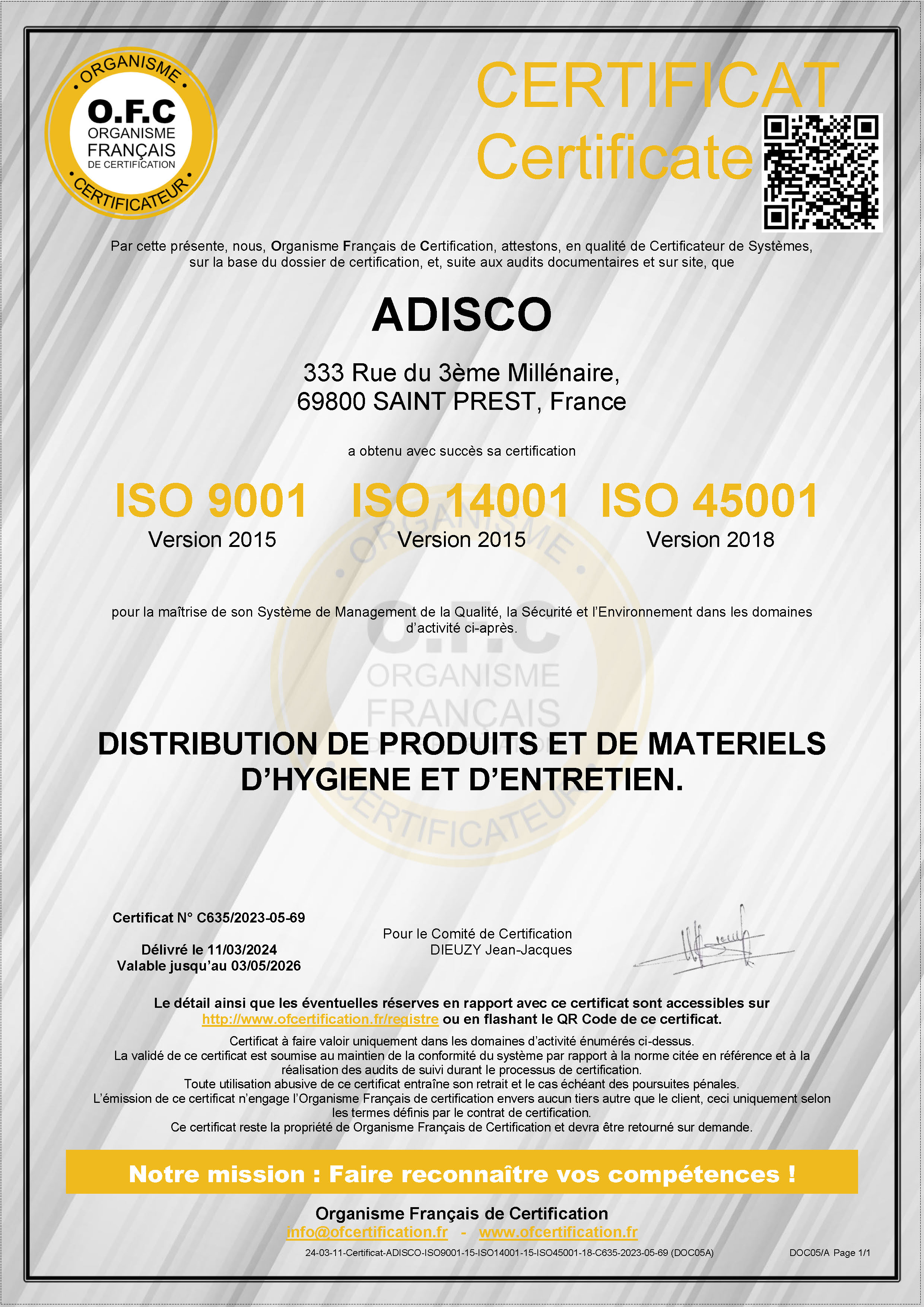 Les Labels ISO 14001, ISO 9001 et ISO 45001 : ADISCO s'engage pour la Responsabilité Sociale des Entreprises (RSE)