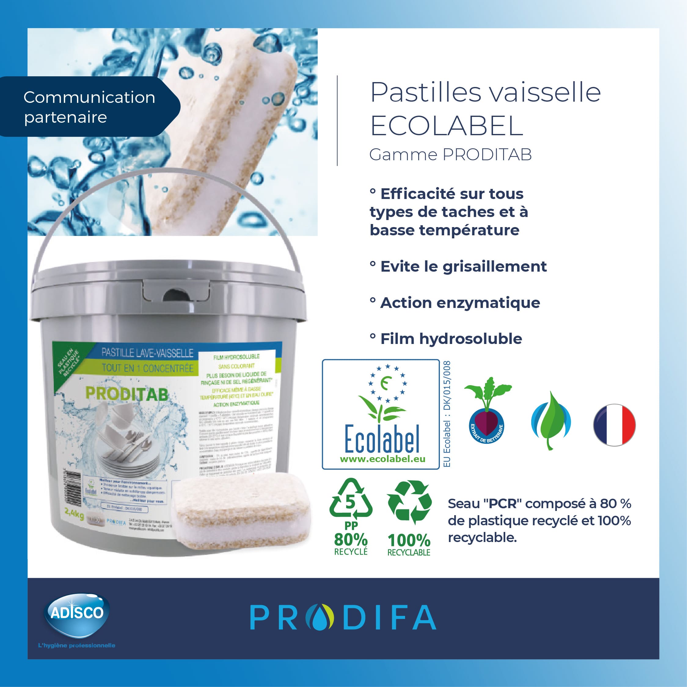 Retrouvez dans la gamme PRODITAB les pastilles vaisselle Tout en 1 ECOLABEL